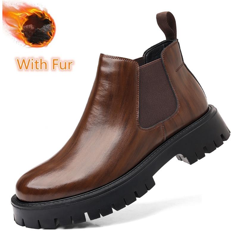 Slip on Leather Basic Boots Man Round Toe Style Outdoor Motorcycle Boots Warm Plush Fur Winter Boots for Men Comfy Outdoor Shoes