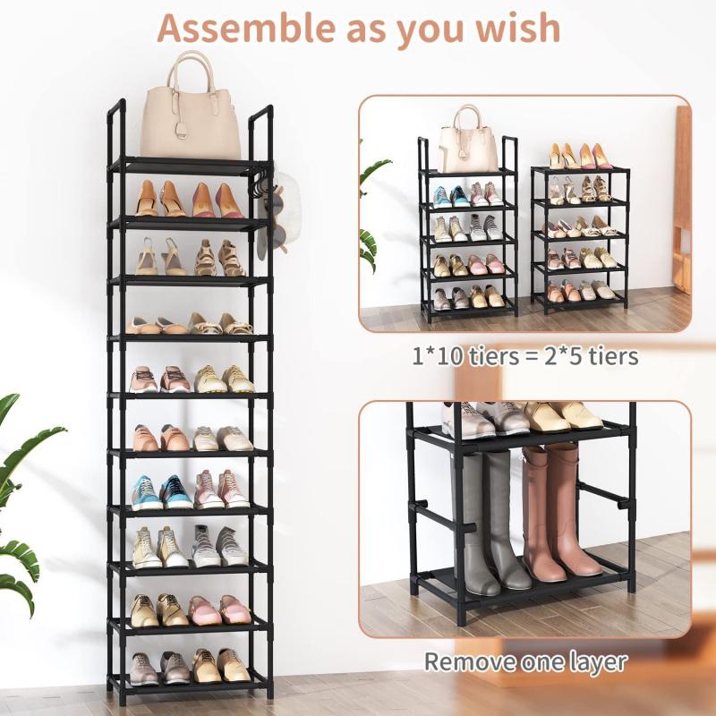 10 Tiers Tall Shoe Rack 20  Pairs Boots Organizer Storage Sturdy Narrow Shoe Shelf for Entryway Closets with Hooks  Black