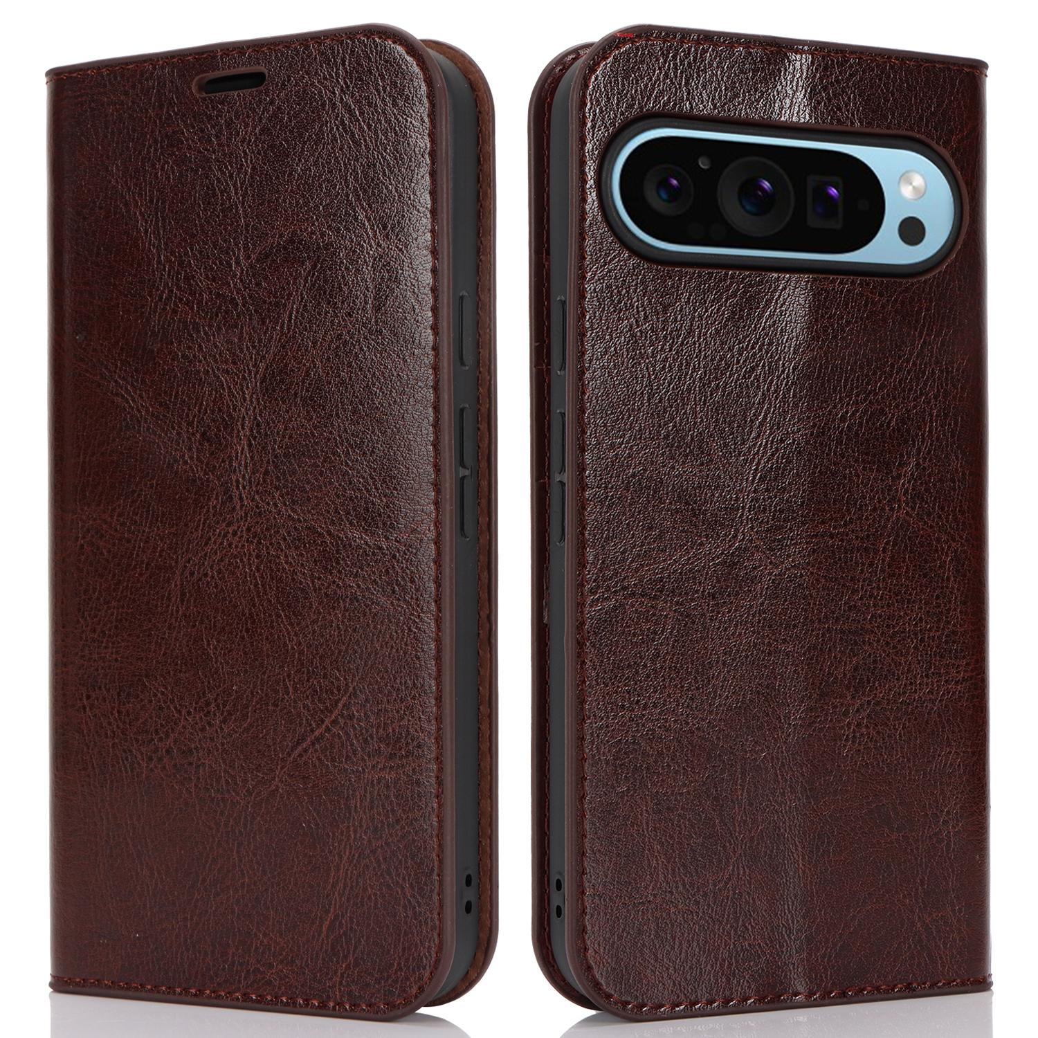 

For Google Pixel 9 Pro XL Case Crazy Horse Texture Split Leather Wallet Phone Cover Dark Brown
