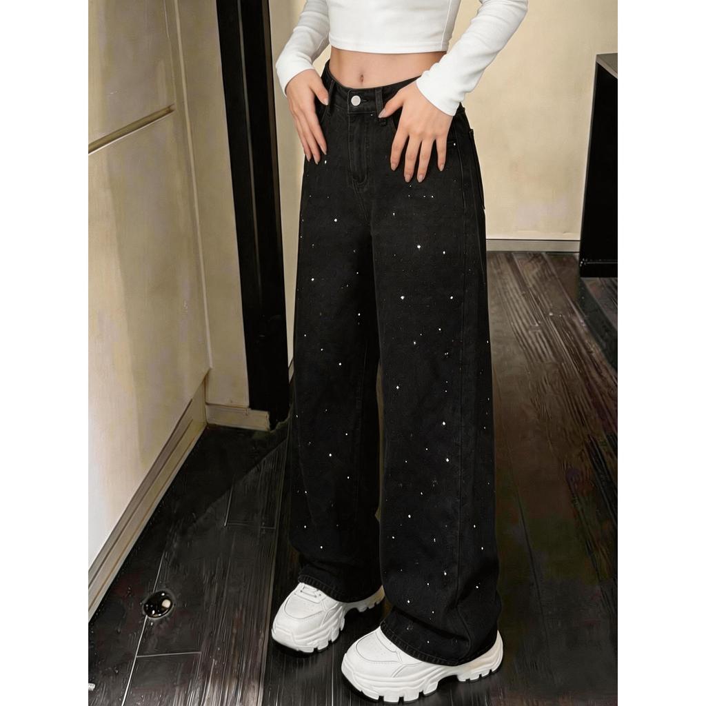 French retro black rhinestone jeans women's summer thin high waist loose straight drape thin versatile long pants