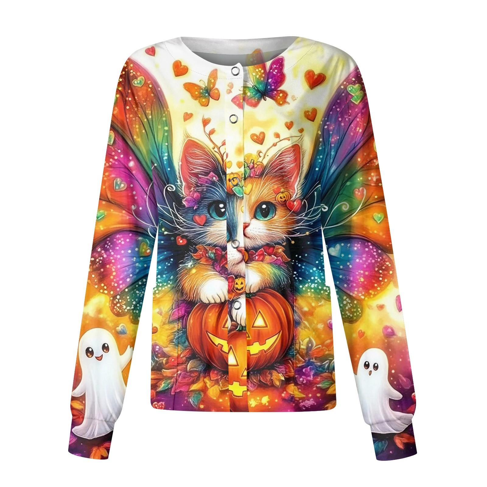 

Женский кардиган с принтом на Хэллоуин, повседневный, с длинными рукавами, на пуговицах, рабочая униформа M золотой