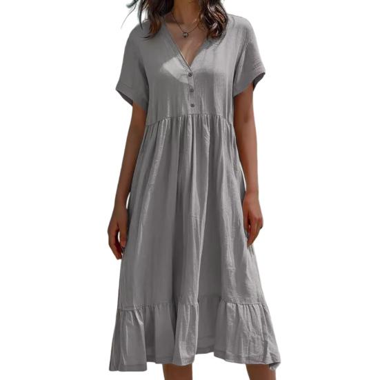 Women Summer Dress Button V Neck Short Sleeve Loose Fit Flowy Beach Sundress Ruffled A-line Swing Casual Midi Dress