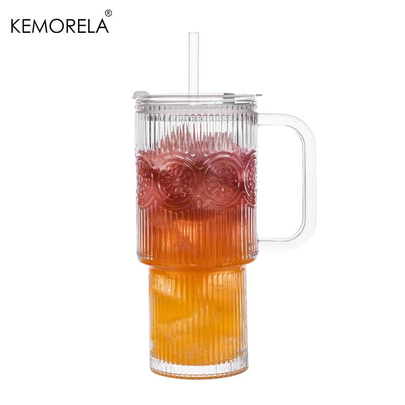 

750ML Sunflower Glass Tumbler with Handle Lid 1/2/PCS Large Iced Coffee Cups with Straws Modern Glass Mug for Cold Hot Beverages 750ml