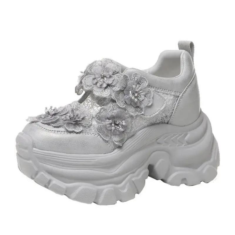 9CM Air Mesh Genuine Leather Chunky Sneaker Fashion Spring Summer Ankle Boots Hook High Brand Comfy Booties Flower Shoes Women