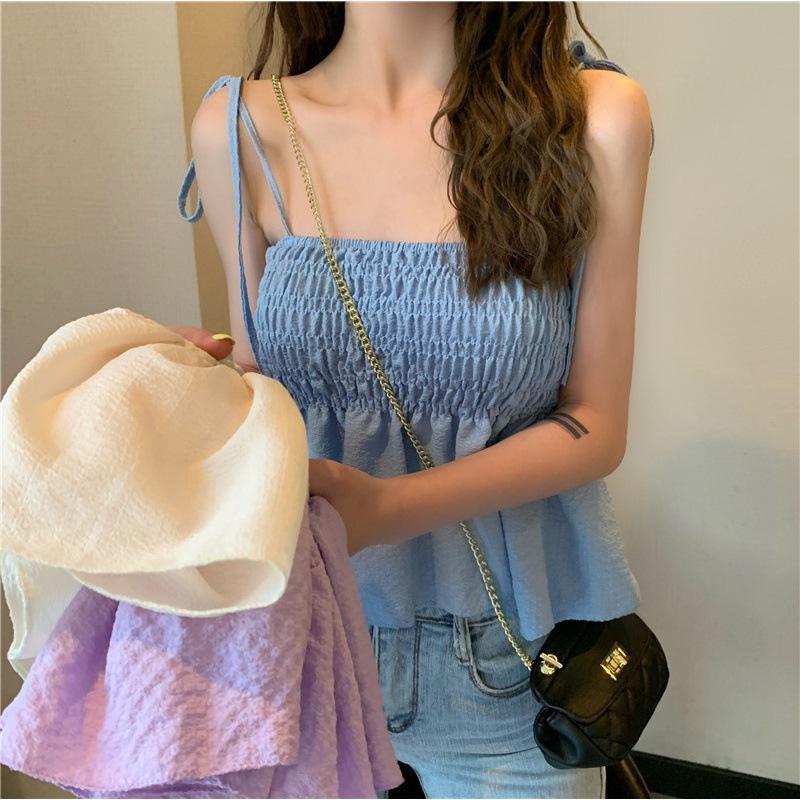 Summer 2026 Korean-Style Solid Color Lace-up Pleated Collar Slimming Camisole