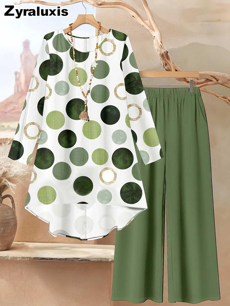 Windy Weather Fashion Loose Pointed Floral Collar Shirt Wide Leg Pants Set Polka Dot Printed