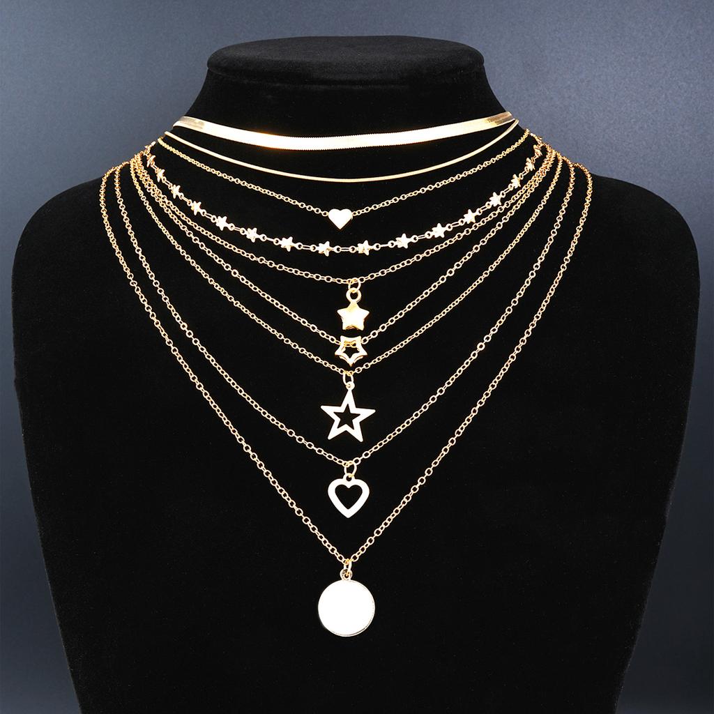 7pcs/Set Simple Star Heart Pendant Necklace Set For Women Fashion Gold Color Elegant Layered Necklace Female Charms Jewelry Gift