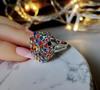 Rongyu Starry Night Dazzling Ring: European & American Style Colored Diamond Flower Ring