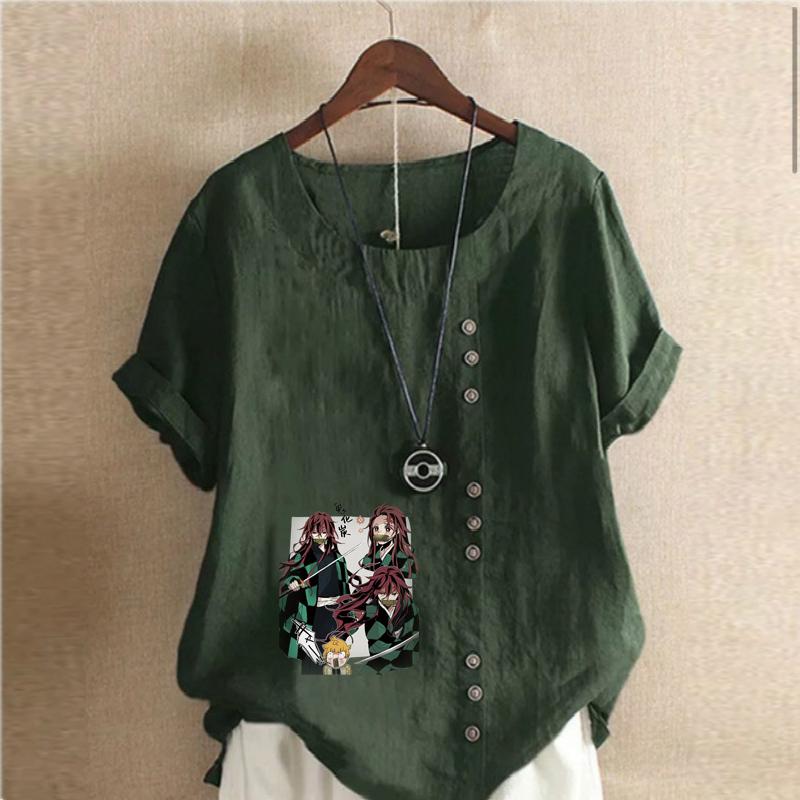 Damnytt mode linneskjorta rund hals kortärmad tecknade figurer tryckt t-shirt sommar damer vardaglig plusstorlek blus toppar