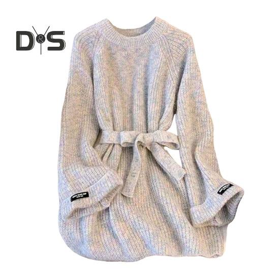 

Женский вязаный свитер с круглым вырезом, длинным рукавом, однотонный пуловер, топы с поясом, свободный крой, трикотаж средней длины абрикосовый