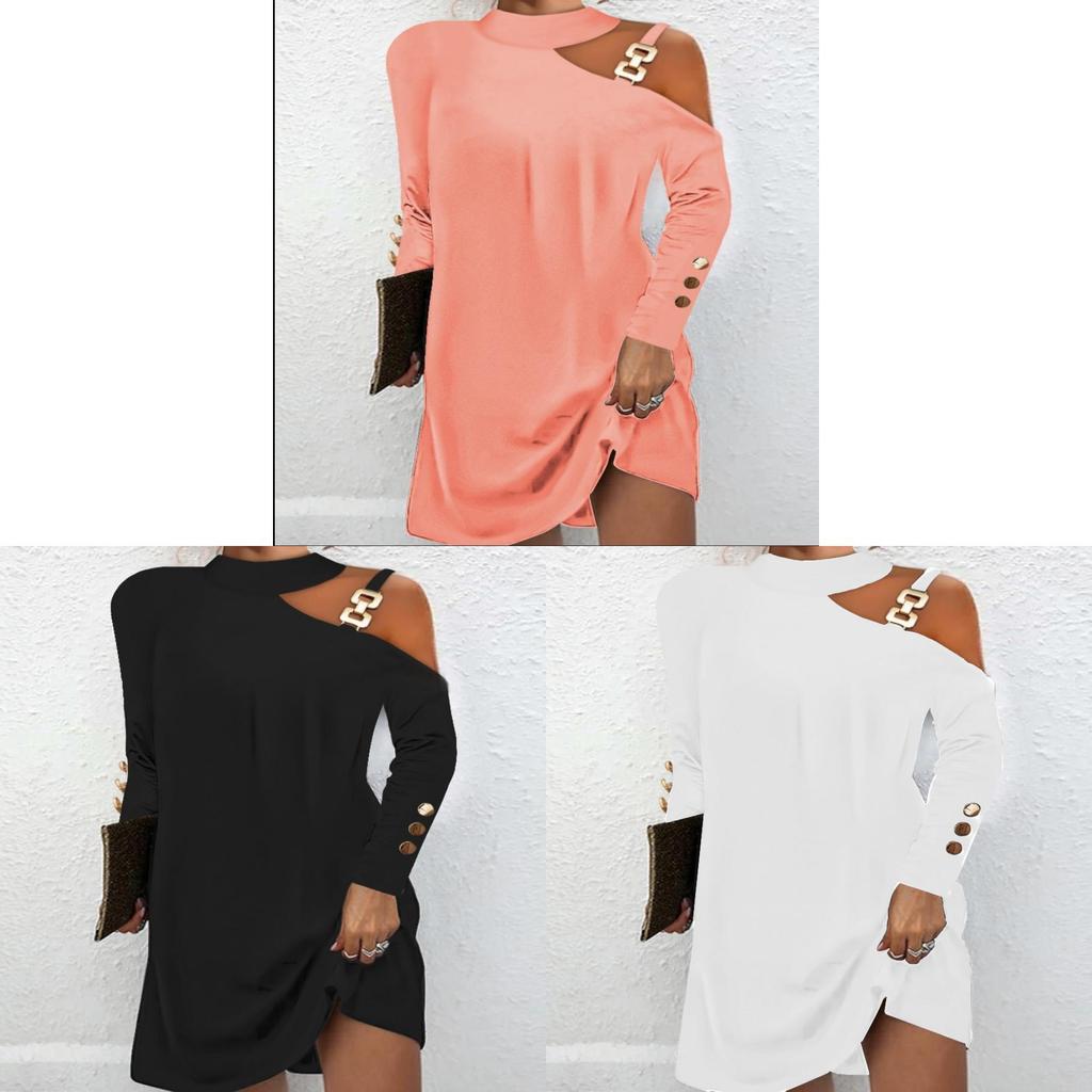 Stylish Long Sleeve Spliced Polyester Metal Hook Dress For Women