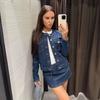 Womens Denim Jacket Mini Skirt Set Casual Outfit Sweet Chic Style Long Sleeve Pure Color Ensemble