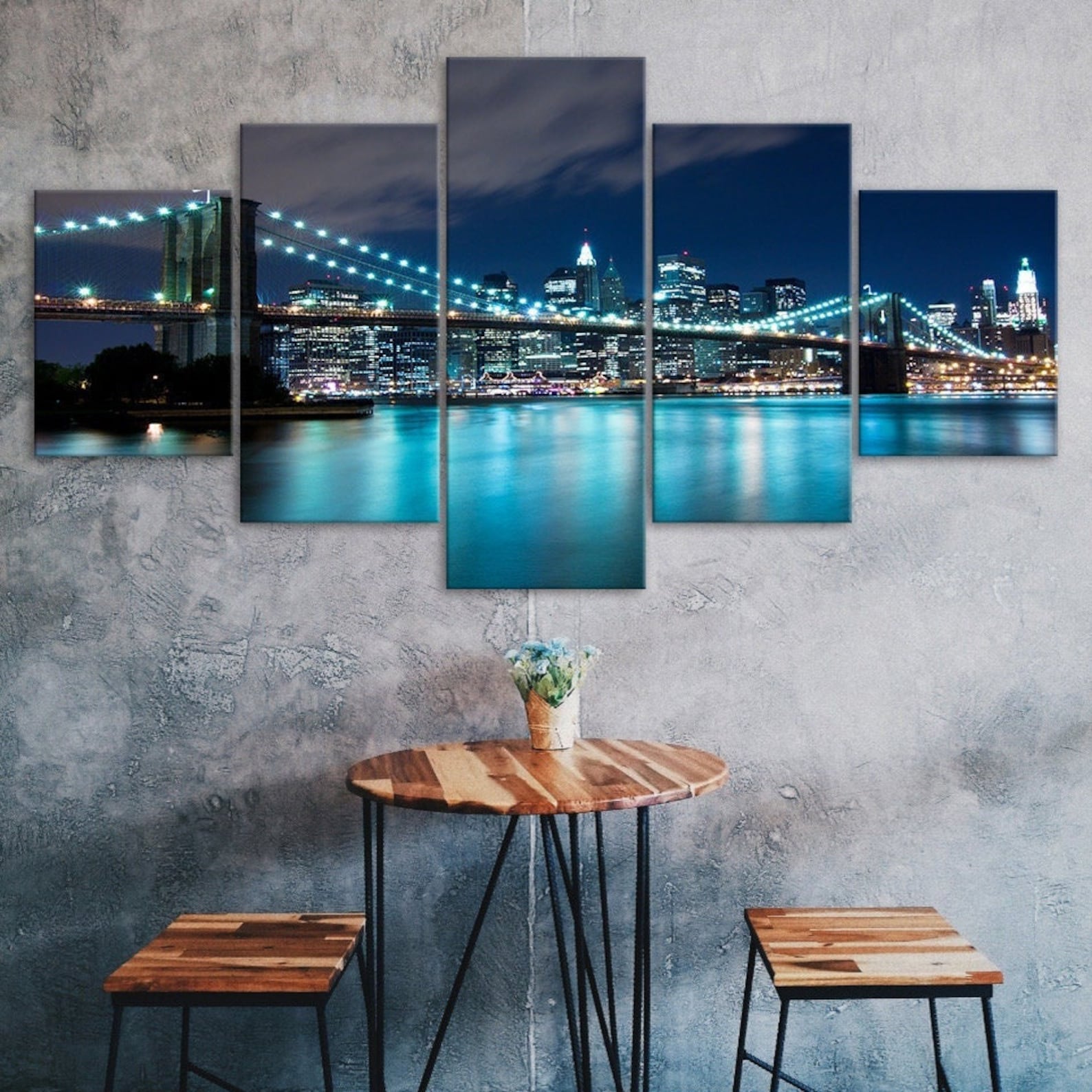 

Brooklyn Bridge Manhattan Night City Scenery 5 Piece Five Panel Wall Canvas Print Modern Art Poster Picture Home Decor Gift For Him For Her 20X35 20X45 20X55CM