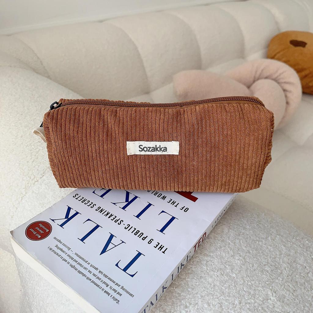 In Stock: Retro Corduroy Pencil Case - Solid Color, Simple Design for High School Students