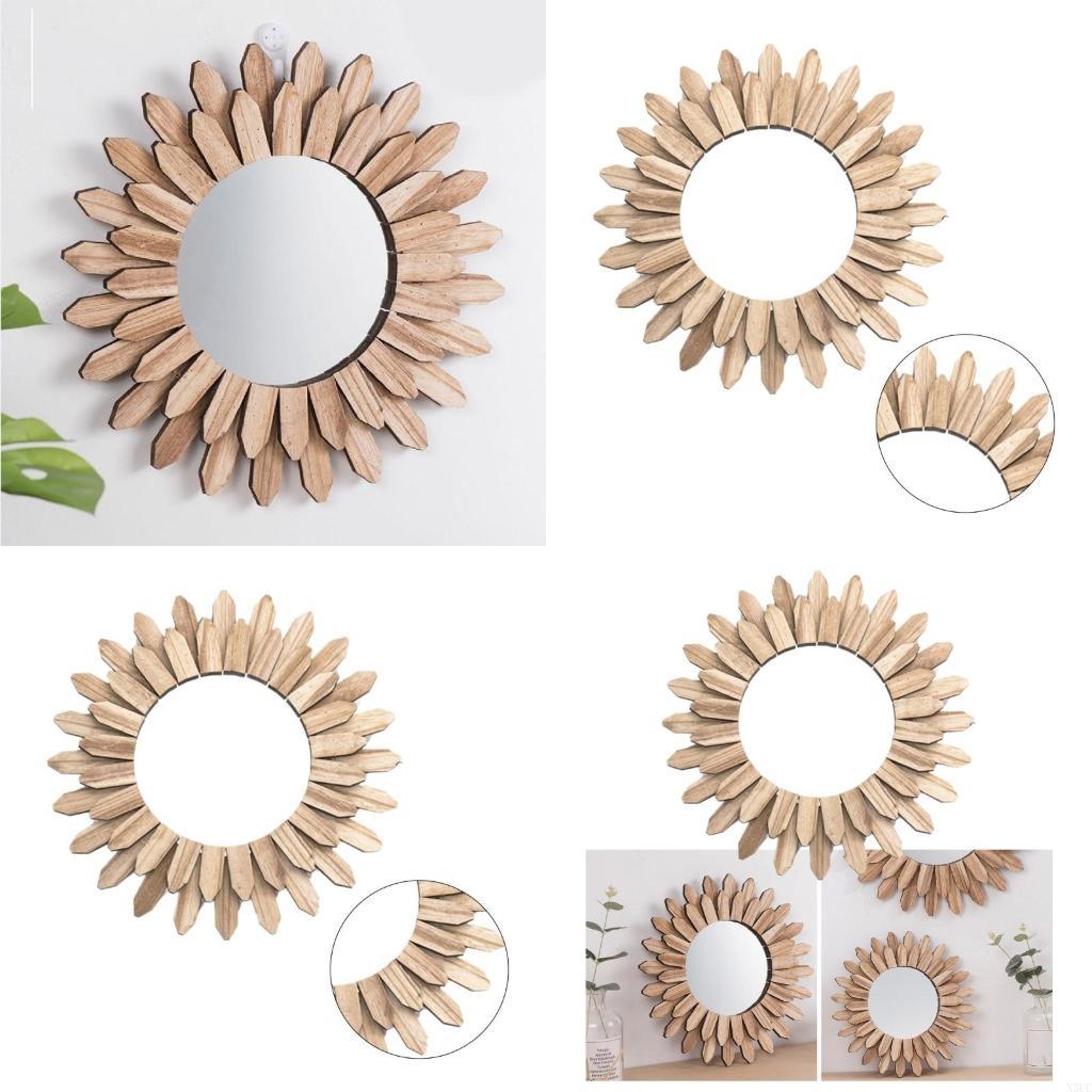 Sun Wooden Round Wall Hangings Mirrored Indoor Living Room Bedroom Decors X3UC