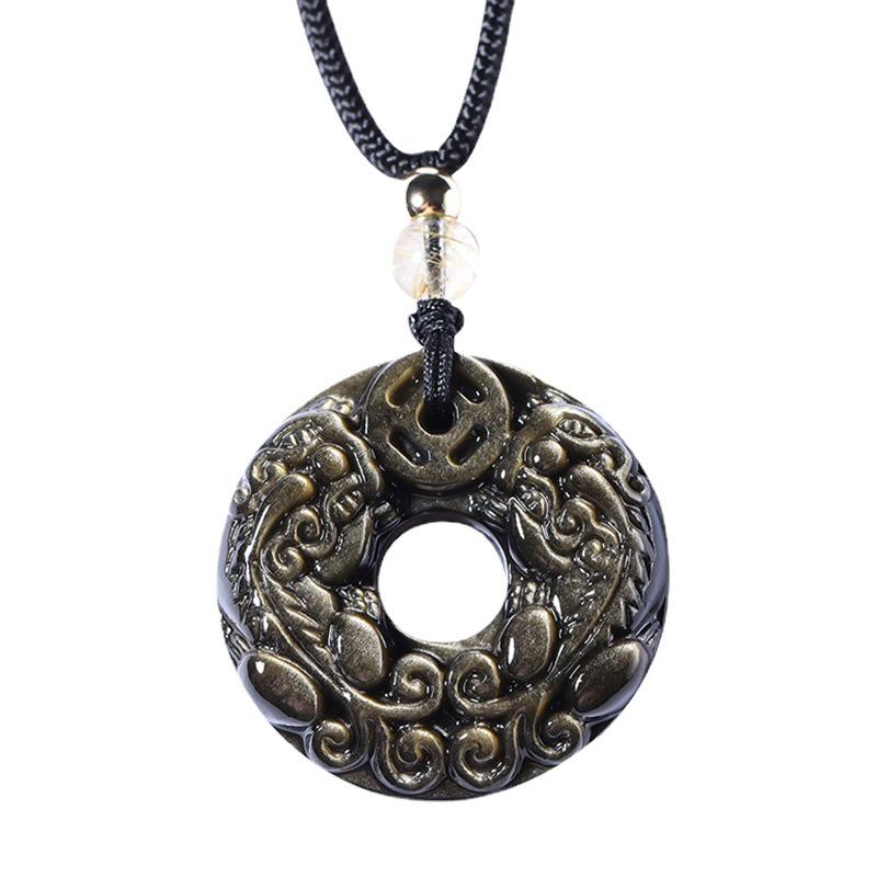 Natural Obsidian Double Pixiu Safety Buckle Pendant - Golden Obsidian Crystal Charm