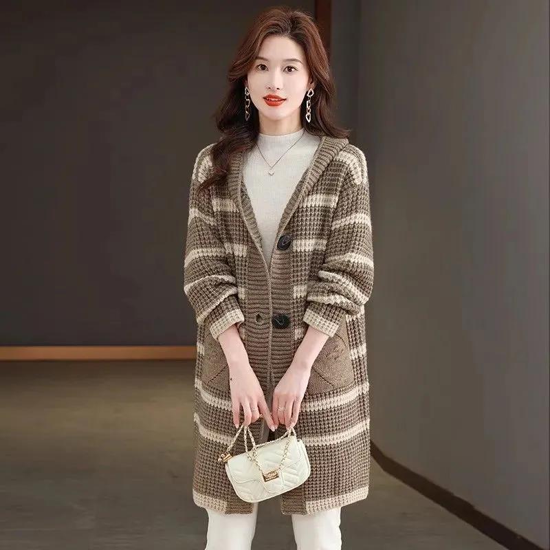 Autumn Hooded Thickened Mid-length Sweater Jacket Loose Striped Large Size Knitted Cardigan