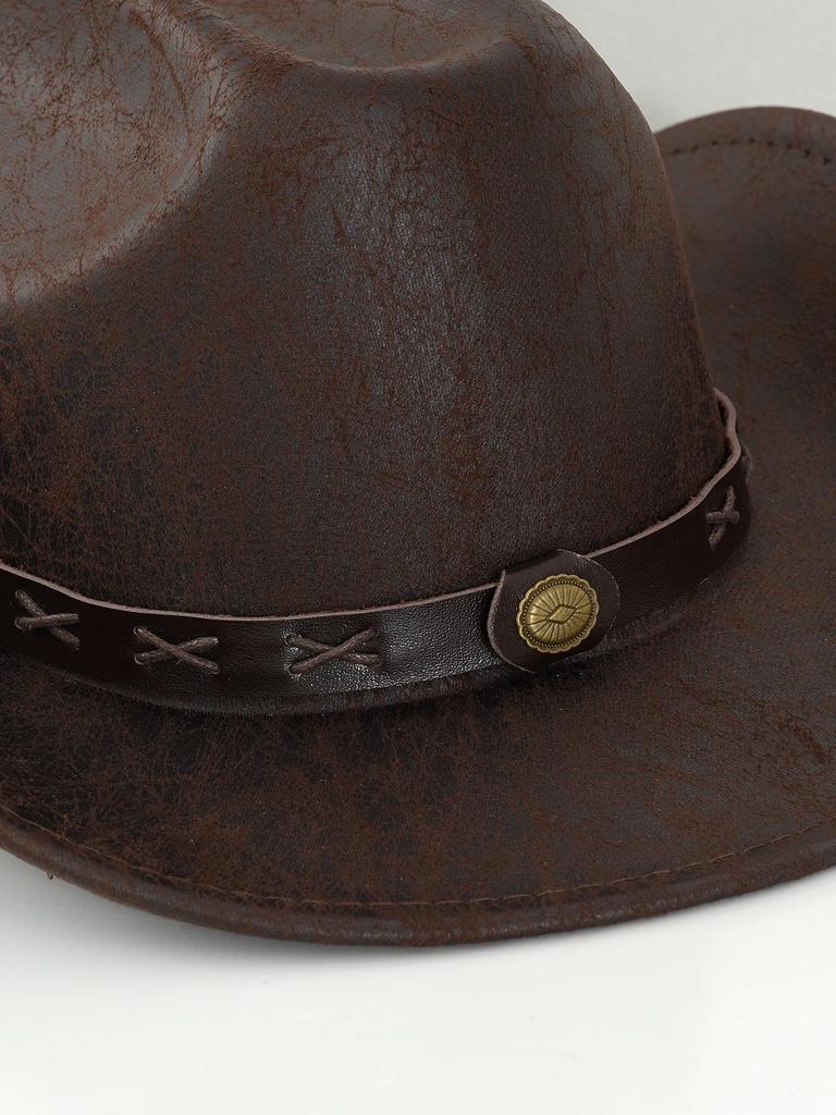 Unisex westernové kovbojské klobouky: Kovové kulaté a boční vzory s přezkovým páskem, ideální na večírky a cestování u táboráku