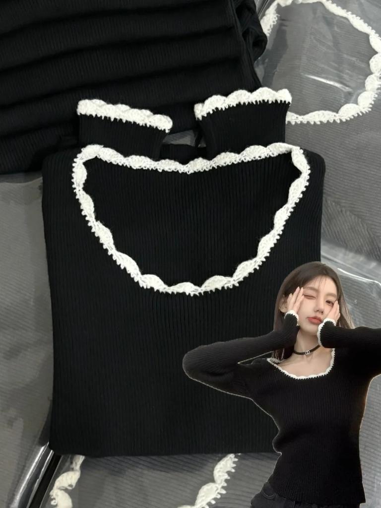 Lace Contrast Low Neck Slim Bottom Top Women's Autumn and Winter Sweet Spice Girl with Skinny Knitted Sweater Sweater