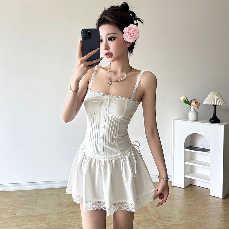 

Women s Fashion Pleated Suspender Waist A- line Skirt Ballet White L