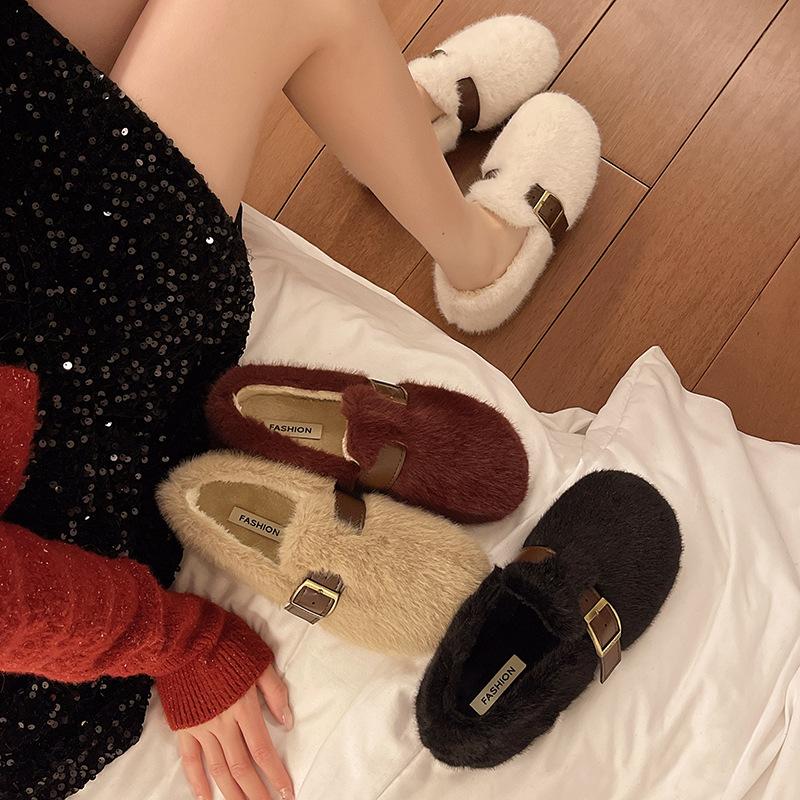 French Fluffy Shoes for Women's Outer Wear 2025 Autumn and Winter New One-pedal Plush Mary Jane Doudou Single Shoes Cotton Shoes
