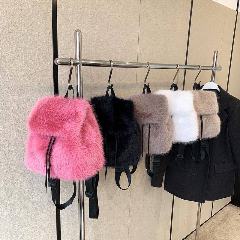 Hairy Imitation Rabbit Fur Backpack Student Large Capacity Drawstring Solid Color Backpack Tide