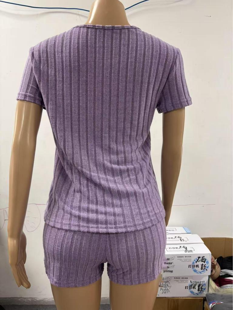 2025 Summer European & American Style V-Neck T-Shirt and Shorts Pajama Set for Women