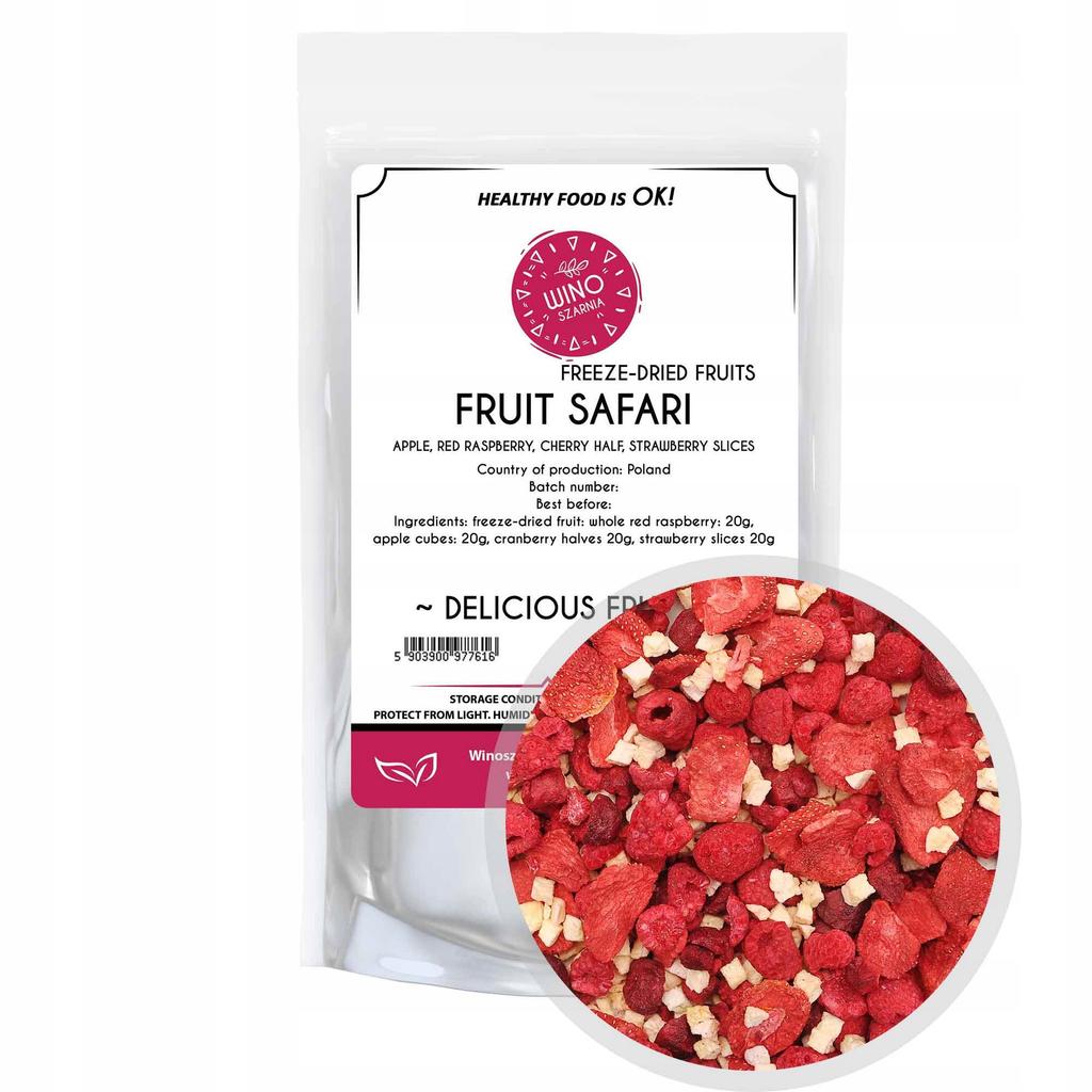 Owocowe Safari Liofilizowane mix Jabłko Malina Truskawka Wiśnia 80g Doypack