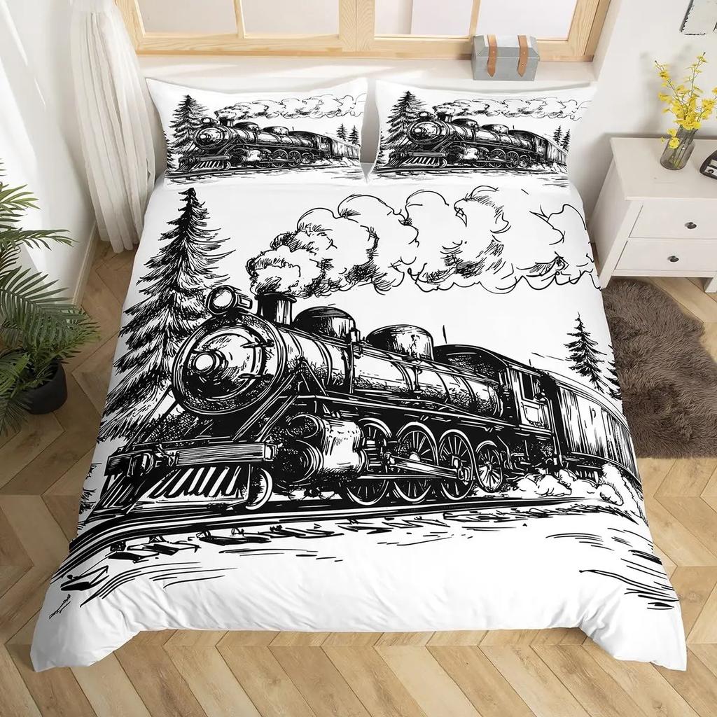 Tog Sengetøy Sett Kjøretøy Dynetrekk for Gutter Barn Tenåringer Soveromsdekor Trykt Dynetrekk Sett