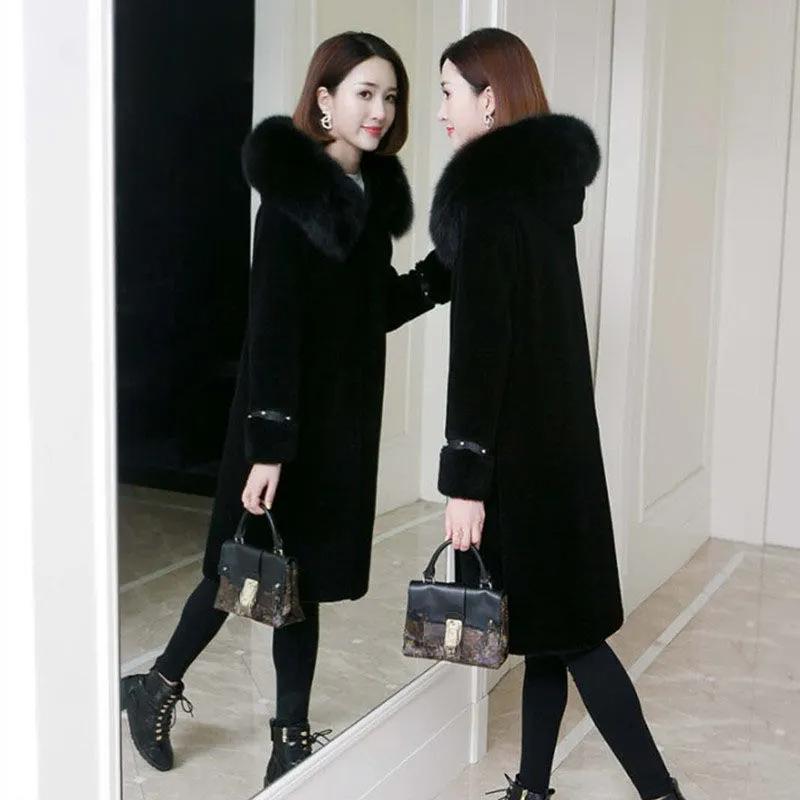 100% Cashmere Overcoat Women's Long Fur Coat Hooded Plus Size Wool Trench Coat with Fox Fur Collar