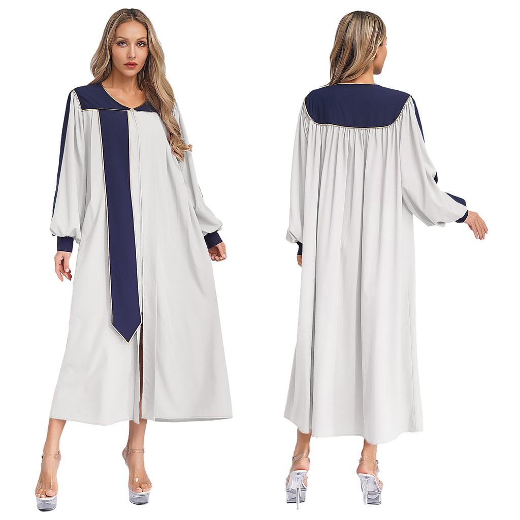 XS-XXL Women’s Stage Performance Robe: V-Neck Puff Sleeves Color Block Gown with Front Split Zipper for Choir