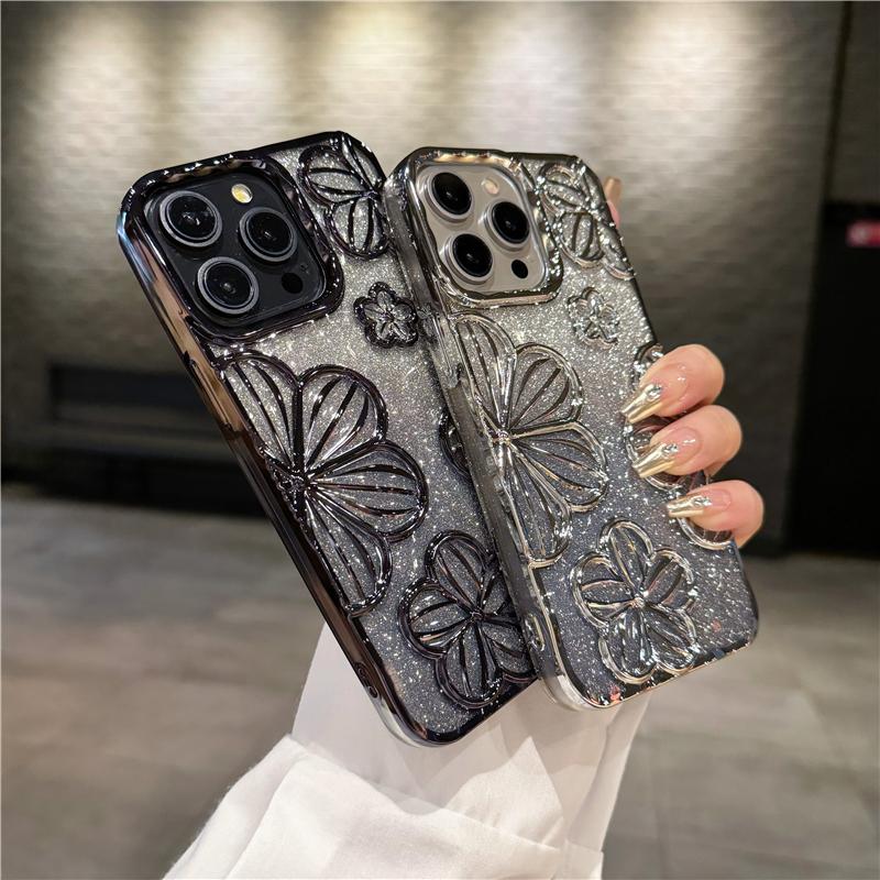 For iPhone 15 Pro Max Luxury Flash Glitter Flowers Plating Frame Phone Case For iPhone 11 12 13 14 15 16 Soft Protective Cover