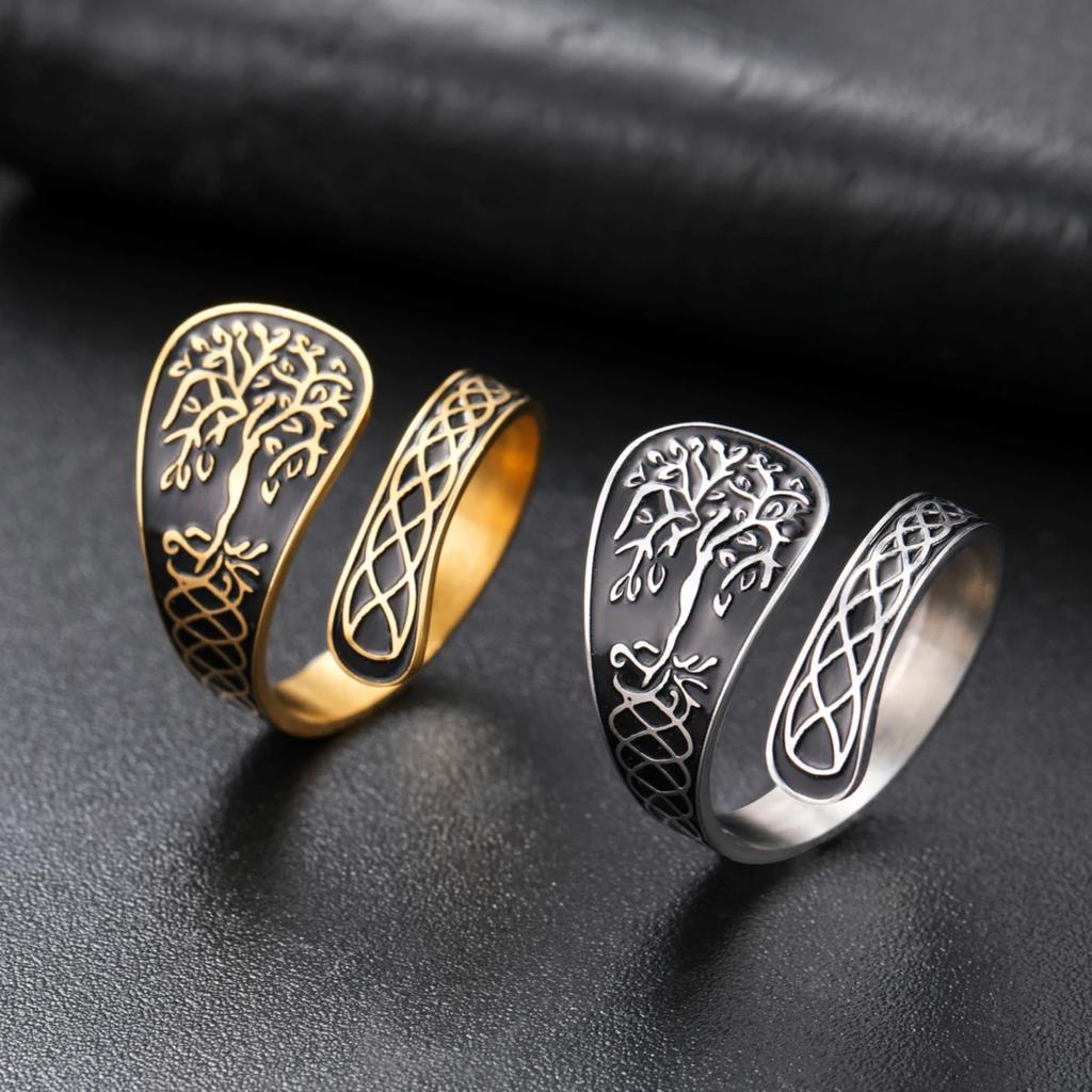 Tree of Life Ring Adjustable Open Band Spiritual Healing Jewelry Stainless Steel Boho Gift for Women Men