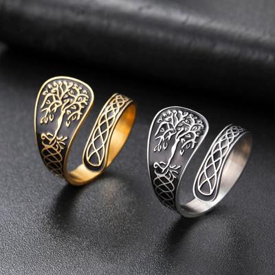 Tree of Life Ring Adjustable Open Band Spiritual Healing Jewelry Stainless Steel Boho Gift for Women Men