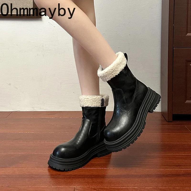 Winter Women Warm Plush Snow Boots Fashion Back Zippers Short Booties Concise Thick Heel Women's Cotton Shoes
