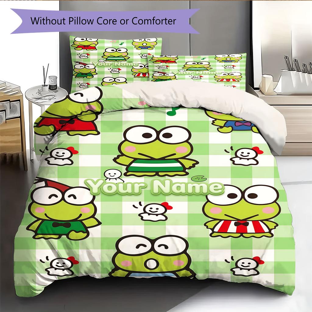Custom Name,Cartoon Keroppi Hangyodon Series Pattern Bedding Home Decoration Birthday Gift ( 1 duvet cover + 2 pillowcase, without core),fan merchandi