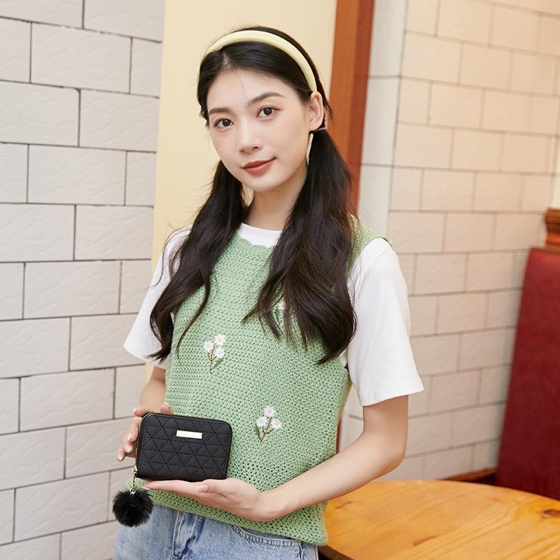 Women's change bag, new rhombus embroidered iron sheet with hairball wallet, small card bag, casual one.