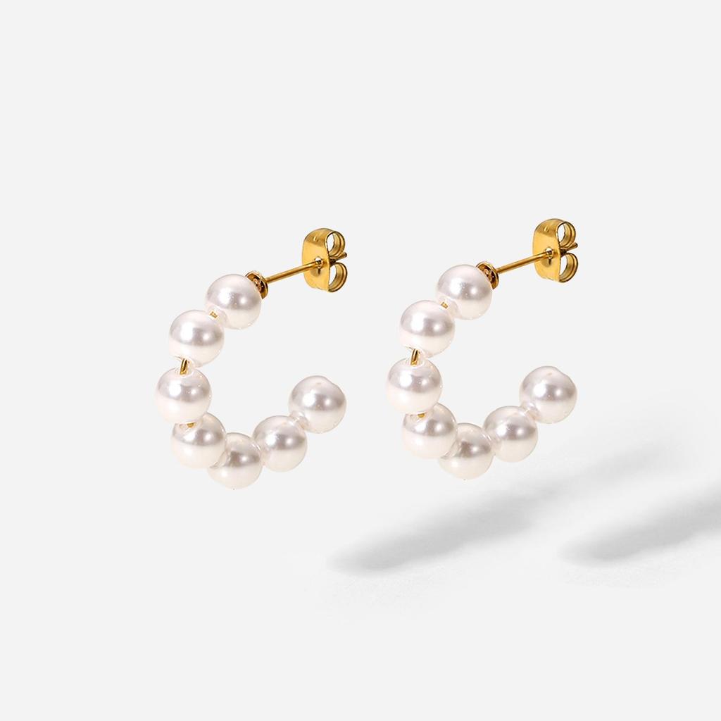 18K Gold Plated Large Pearl C-Shaped Hoop Earrings - 20mm Stainless Steel European and American INS Style for Women.