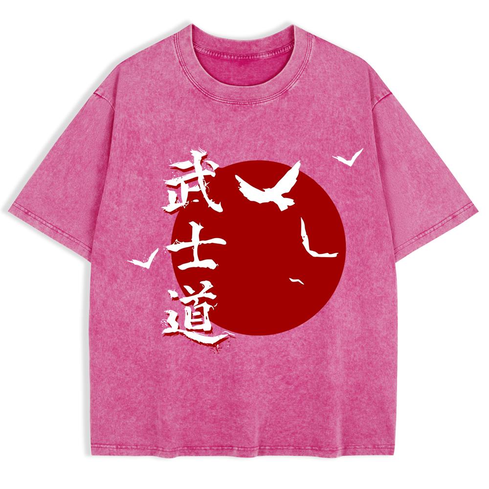 Japan Bushido Harajuku Printed Washed T-Shirts Mens Cotton Short Sleeve Tops Street O-Neck Oversize T Shirts Clothes