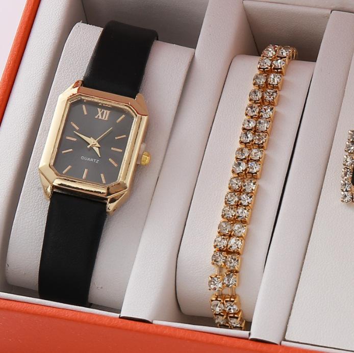 Authentic Luxury High-End Gold Three-Piece Jewelry Set Fashionable Valentine'S Day European And American Full Diamond Watch