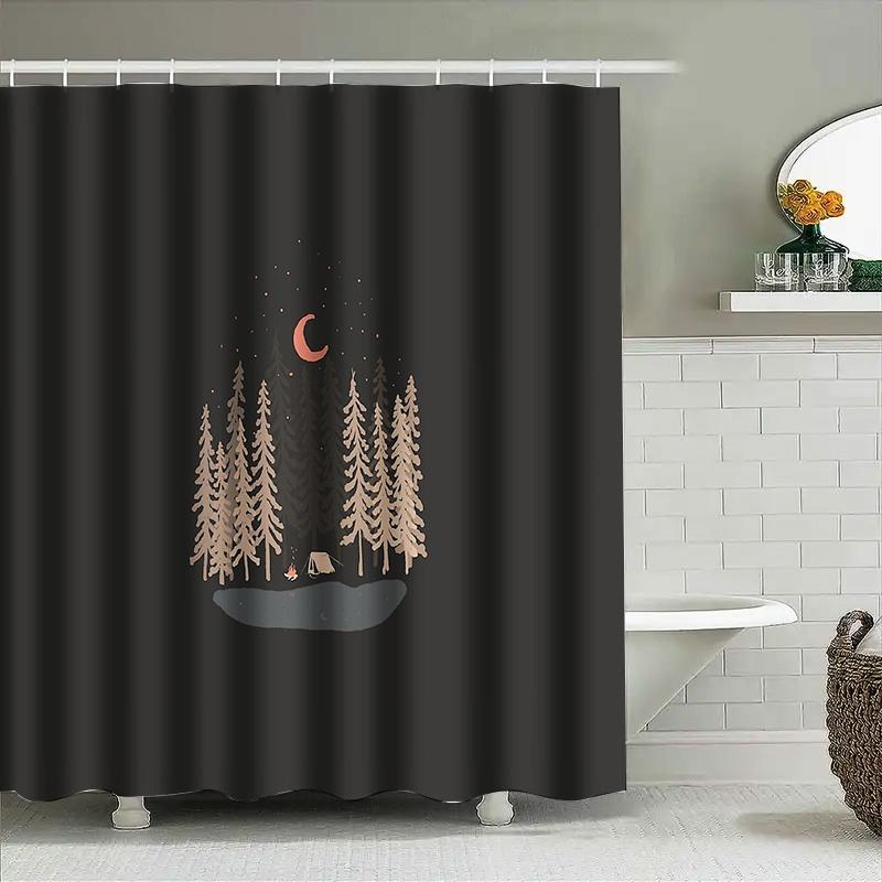 Camping Forest Night Landscape Shower Curtain Woodland Nature Trees Tent Backdrop Bathroom Decor Rustic Home Decor Outdoor Adven