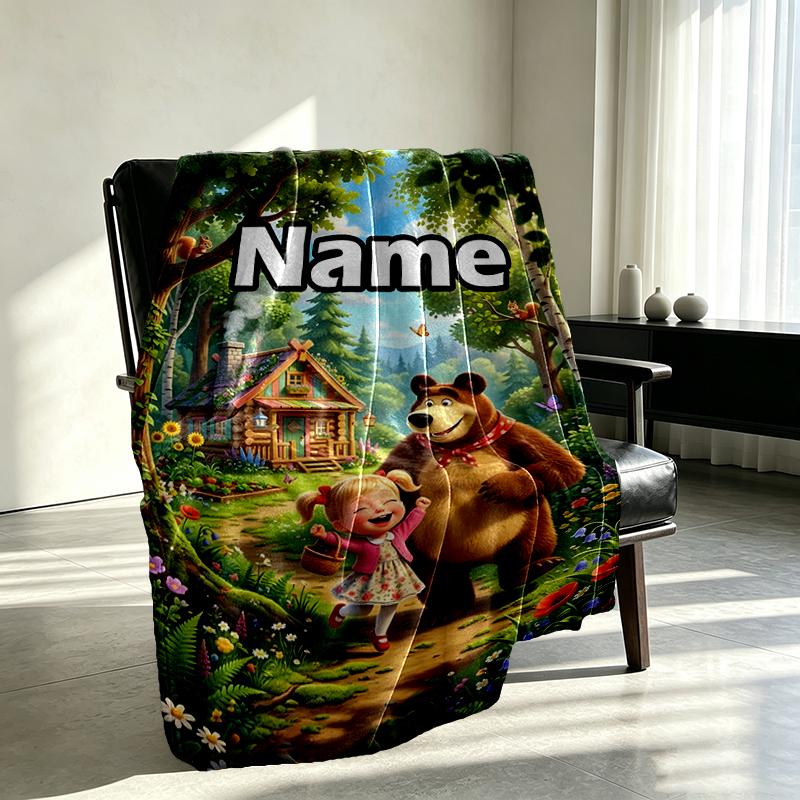 Custom Name Personalized Masha and The Bear Print Blankets, Home Decor, Bedroom, Sofa, Camping, Couch, Gifts for Birthday Christmas