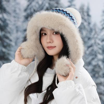 Winter Fair Isle Stil Plus Pelzbesatz Wollmütze Großer Kopfumfang Outdoor Winddicht Ohrenschutz Mütze Koreanischer Stil Vielseitige Überziehmütze