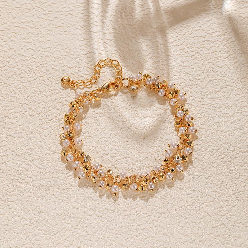 Gold Plated Cluster Pearl & CZ Beaded Adjustable Bracelet