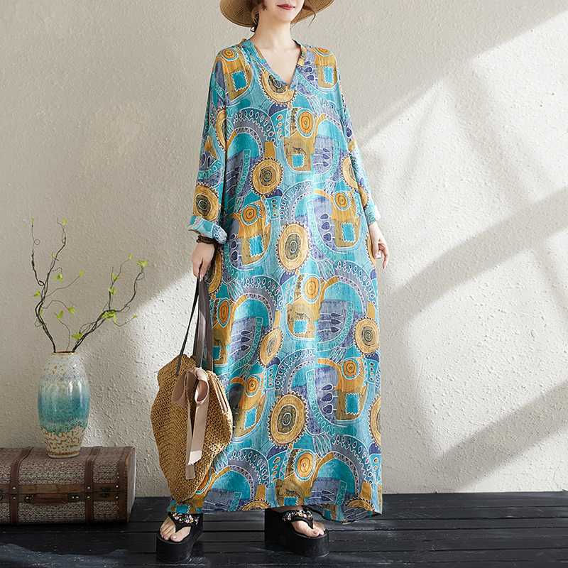 

New V-neck Loose Plus Size Simple Vacation Style Long-sleeved Women s Long Dresses One Size синий