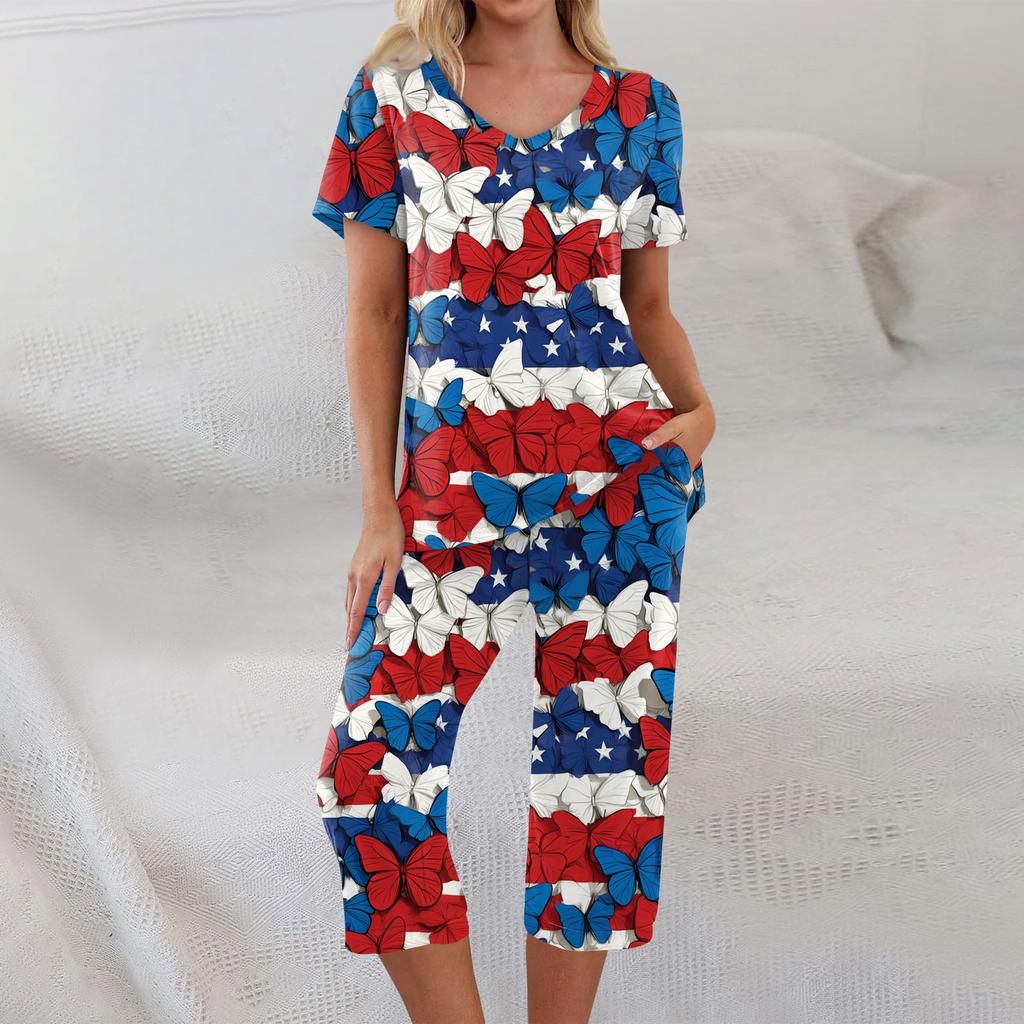 2-teilige Sets für Damen Kurzarm-Oberteil und Hose mit Taschen Sport Weiche Print-Sets