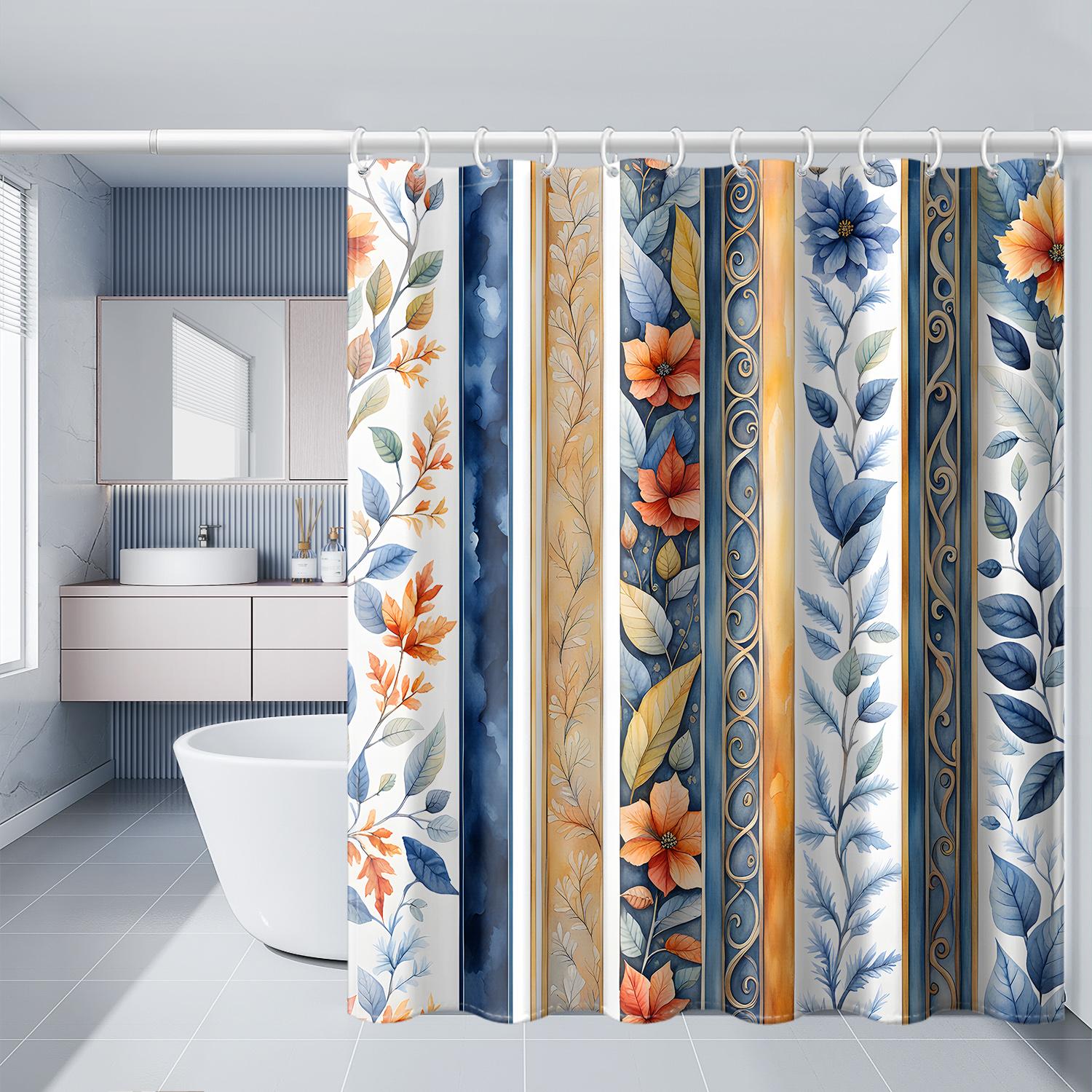 

1Pc Autumn Christmas Vertical Striped Printed Shower Curtain With Plastic Hooks, Flower Christmas Bathroom Partition Curtain W60H190(CM)-1 Pcs