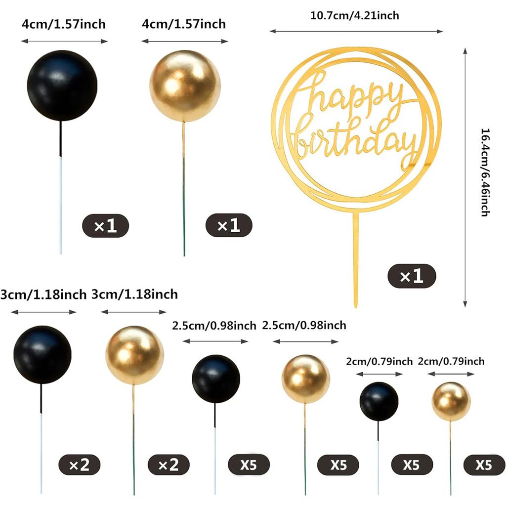 27pcs Pearl Balls Cake Topper Happy Birthday Cake Insert Pick DIYPile Up Insert for Birthday Party Cake Decoration (Black Gold)