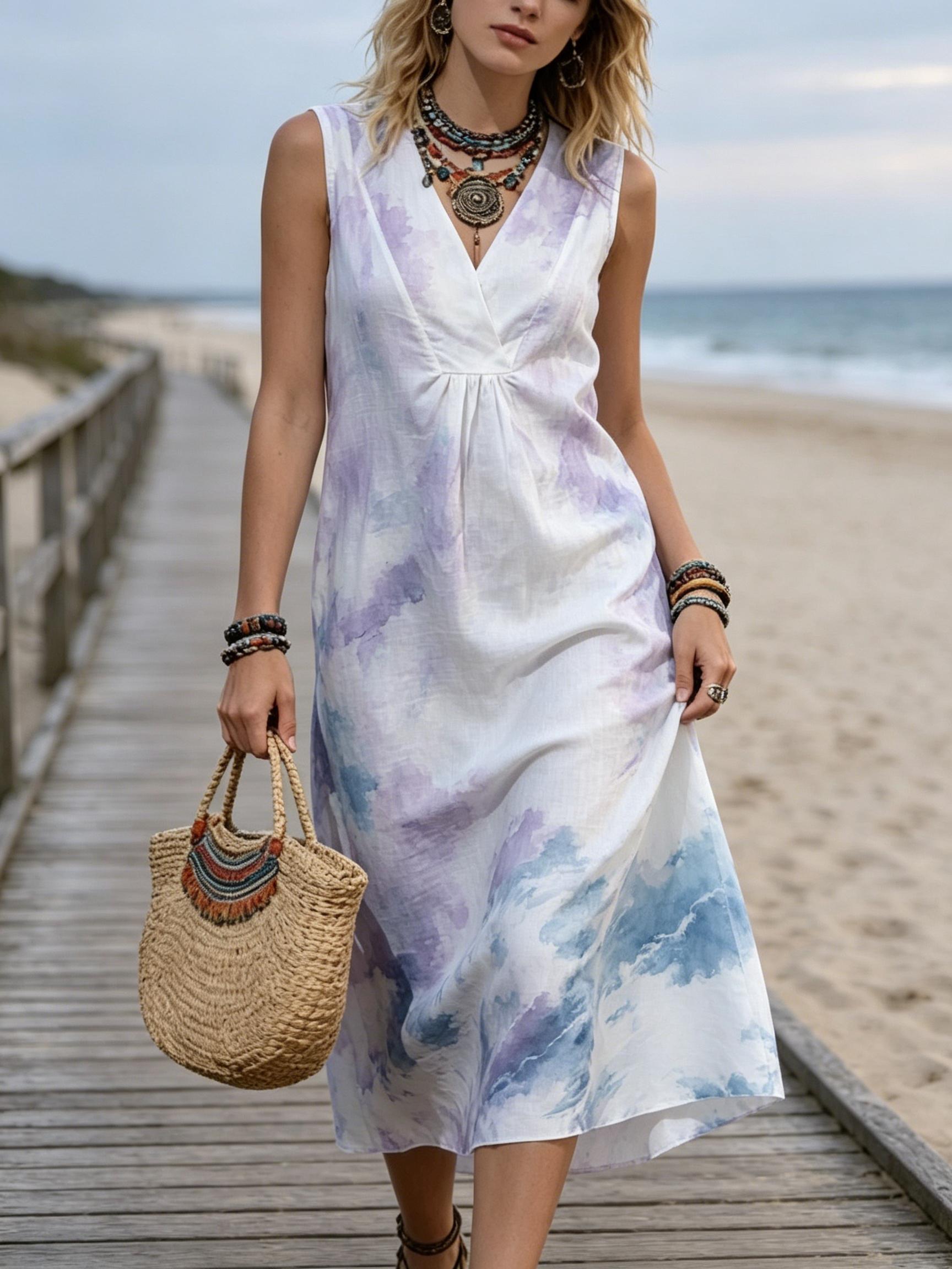 Watercolor Tie Dye Sleeveless V Neck Midi Dress Women Purple Blue Print Empire Waist Bohemian Beach Travel Sundress XXS