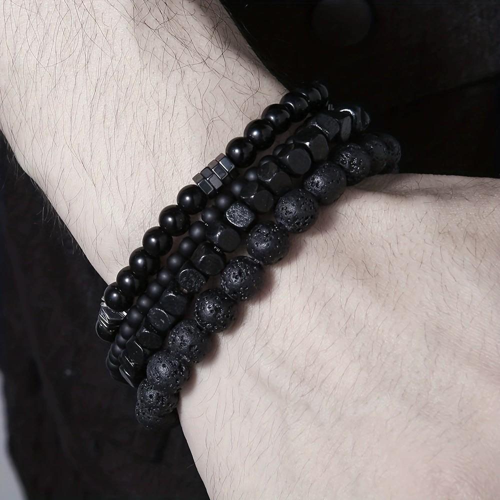 4Pcs/Set Black Gall Stone Volcanic Stone Wood Beads Multi-layer Men's Combination Elastic Bracelet For Couple Friends Jewelry